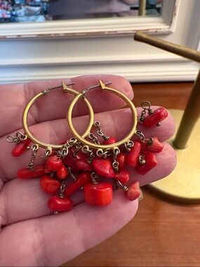 Gold Hoop Earrings with Red Coral Charm Dangles - Women Jewelry